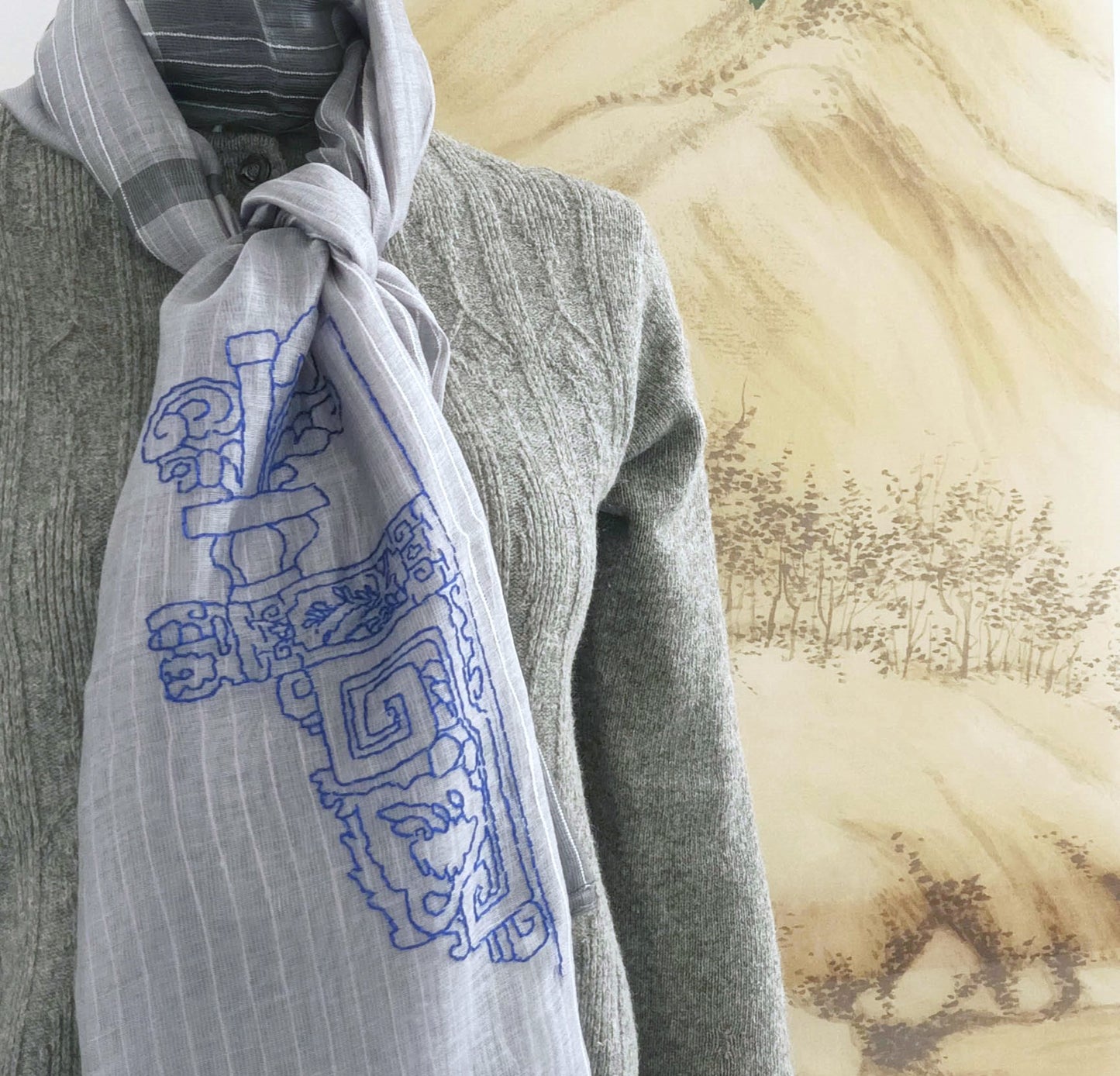 All seasons silk wool hand embroidery sheer scarf - Chinese Bucket arch