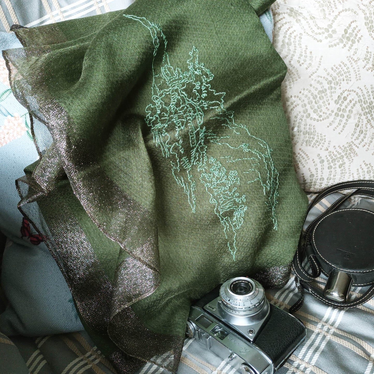 All seasons silk wool hand embroidery sheer scarf - flying saucer & landscape