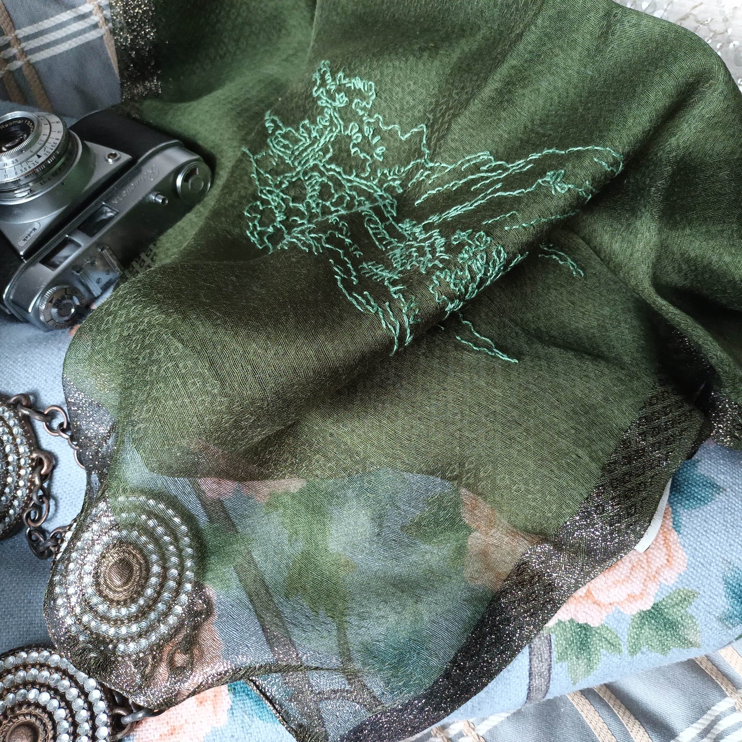 All seasons silk wool hand embroidery sheer scarf - flying saucer & landscape
