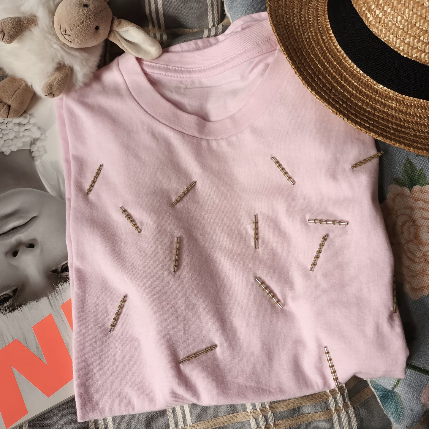 Hand stitch tube bead straight cut high end smart casual cotton tee