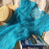 百搭日本皺紋網布花瓣袖彈性透明小蓋袖女裝上衣