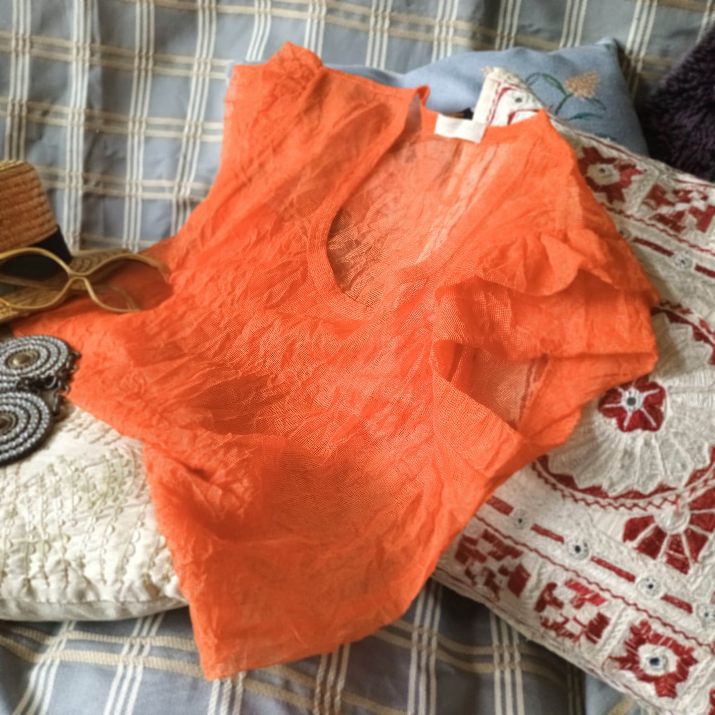 Fashion mesh tops with flower petal sleeves in Japan mesh fabric