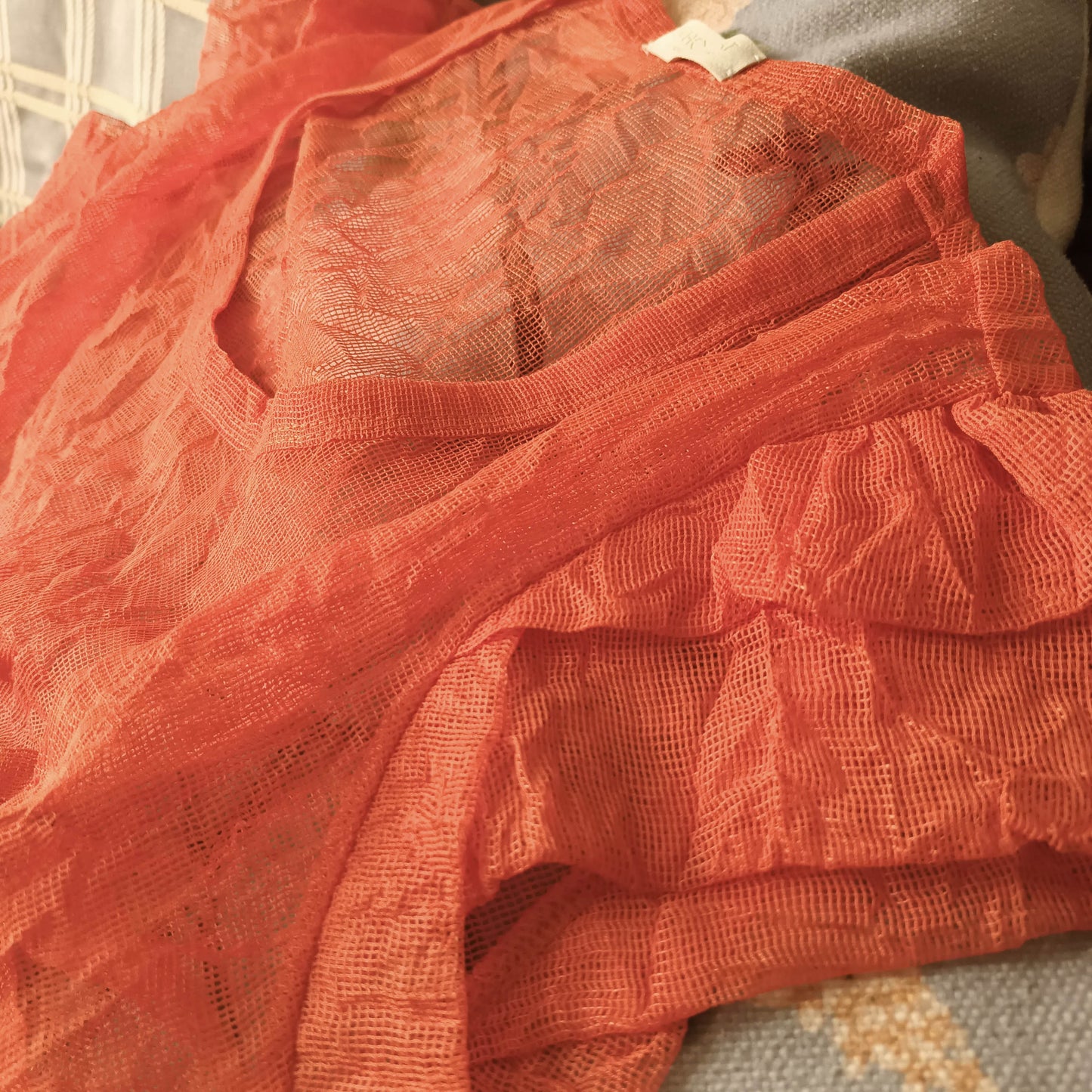 Fashion mesh tops with flower petal sleeves in Japan mesh fabric