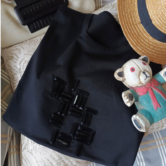 百搭手縫玻璃珠幾何圖案簡約直身棉彈高端 smart casual TEE