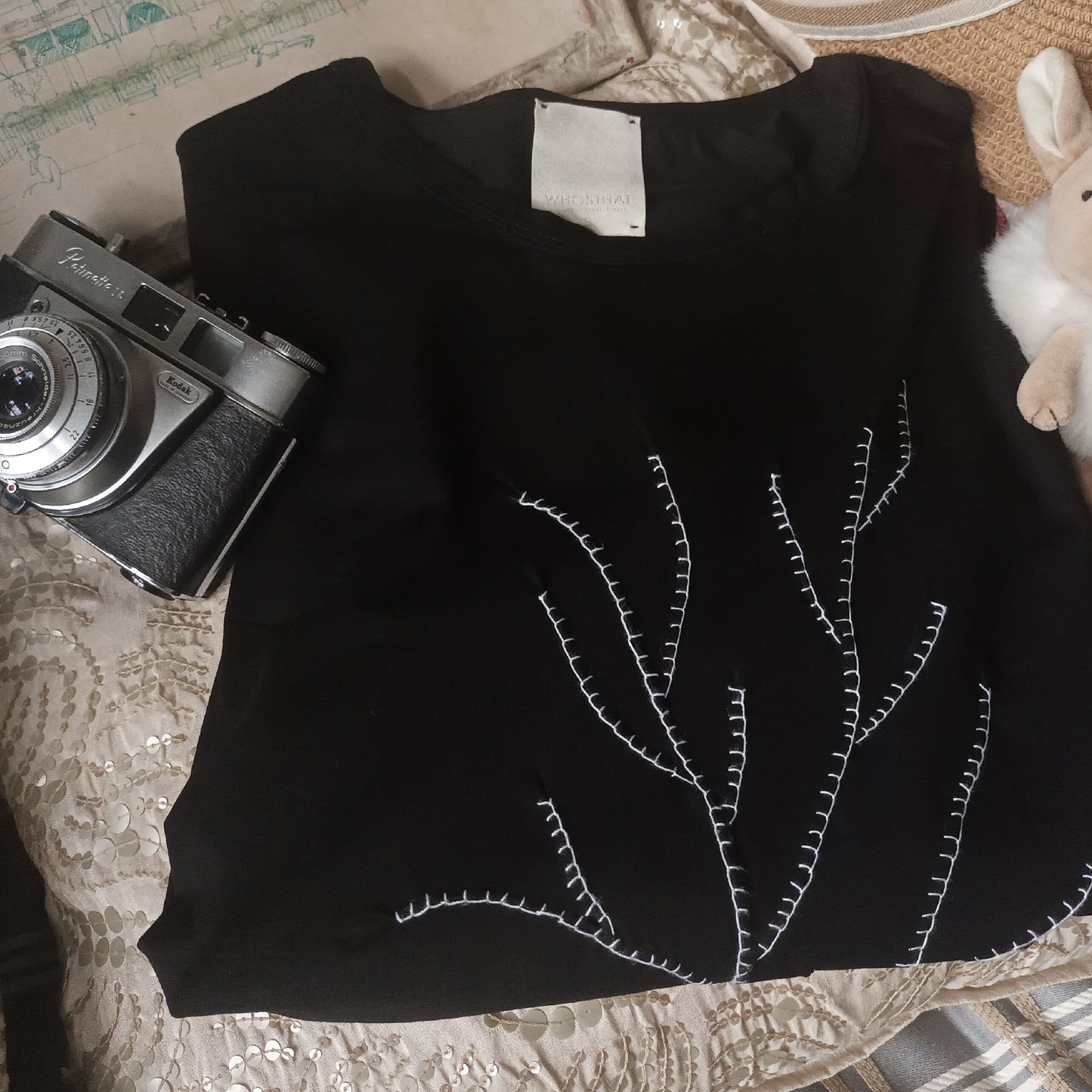 Hand stitch tree pattern basic straight cut high-end smart casual cotton tee