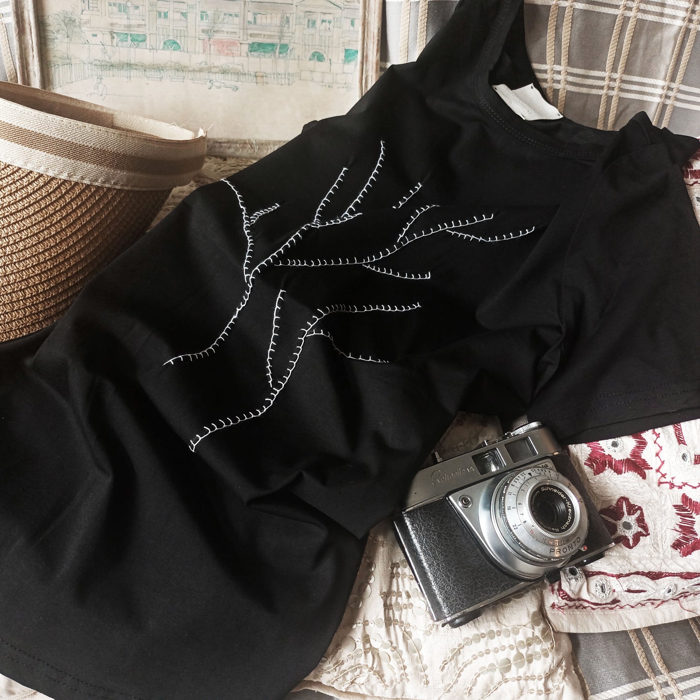 Hand stitch tree pattern basic straight cut high-end smart casual cotton tee