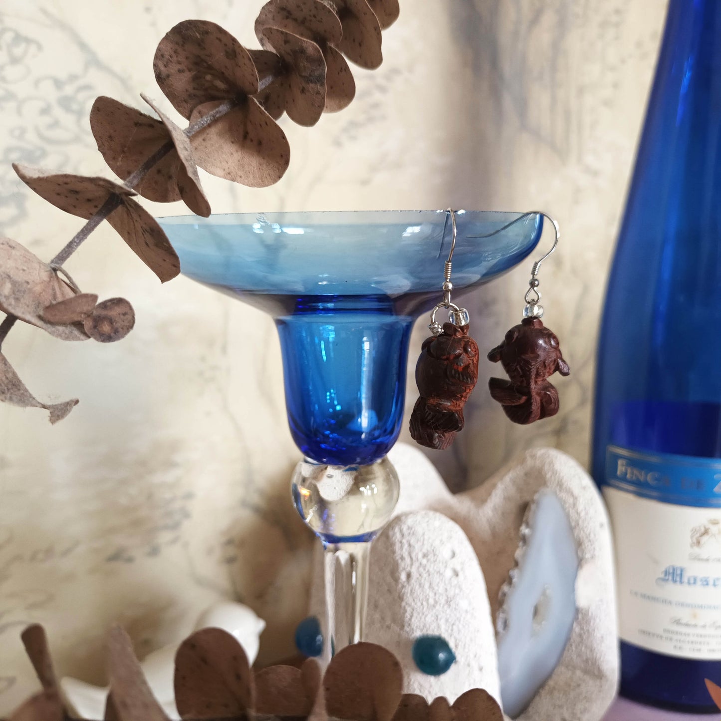 Scented red Sandalwood crafted smiling goldfish 925 silver platinum plated ear-pins