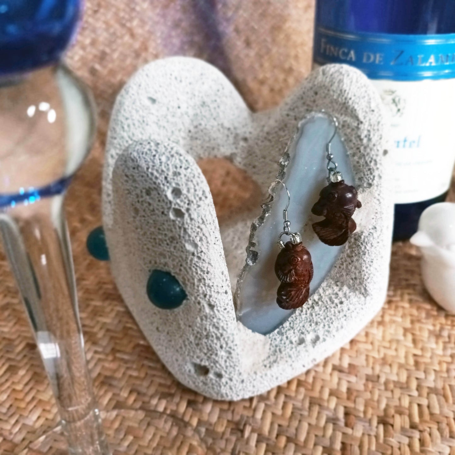 Scented red Sandalwood crafted smiling goldfish 925 silver platinum plated ear-pins