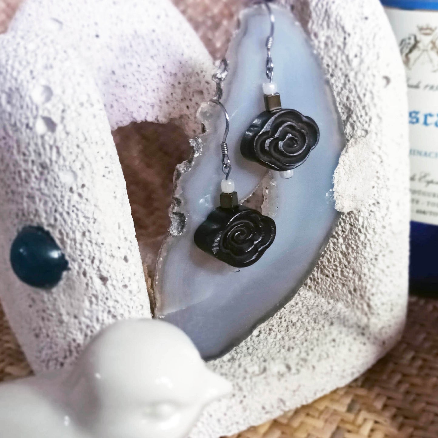 Scented black sandal wood crafted auspicious cloud 925 silver ear pins