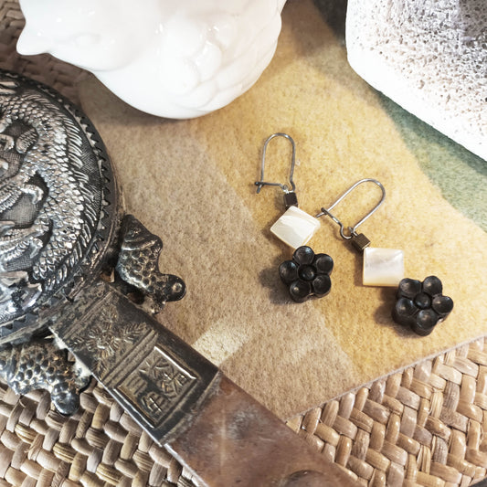 Scented black sandal wood blossom flower and shell ear pins