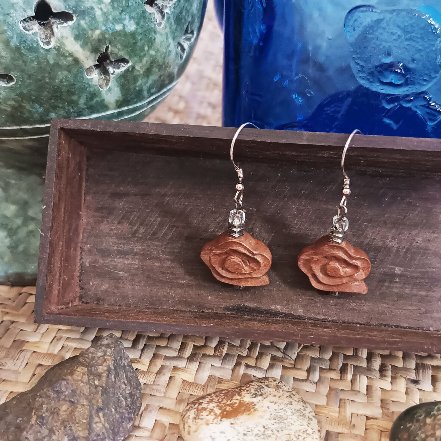 Scented peach wood crafted Auspicious Cloud 925 silver rose gold plated earrings