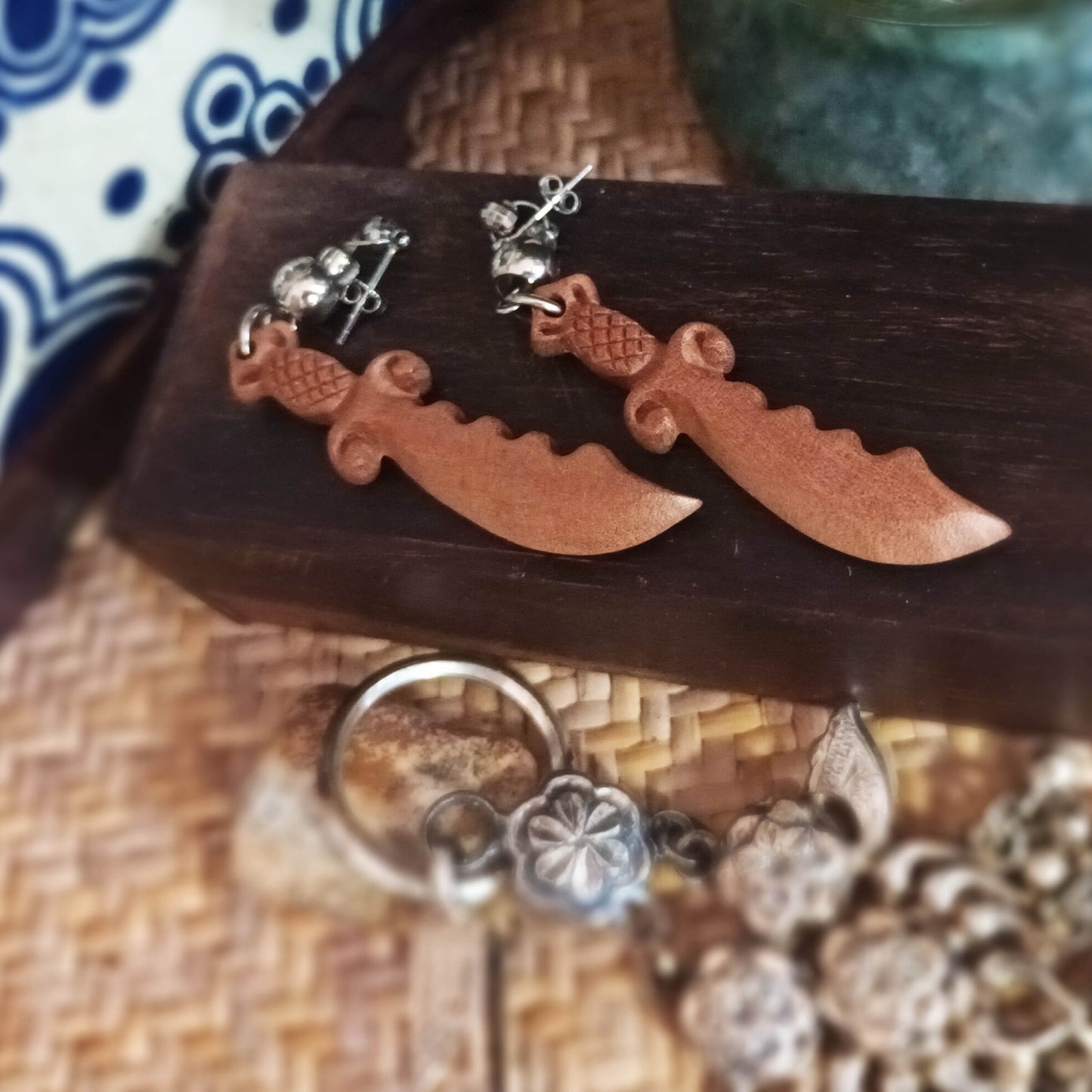 Scented peach wood crafted Wizardry Summoner Sword 925 silver platinum plated ear pins