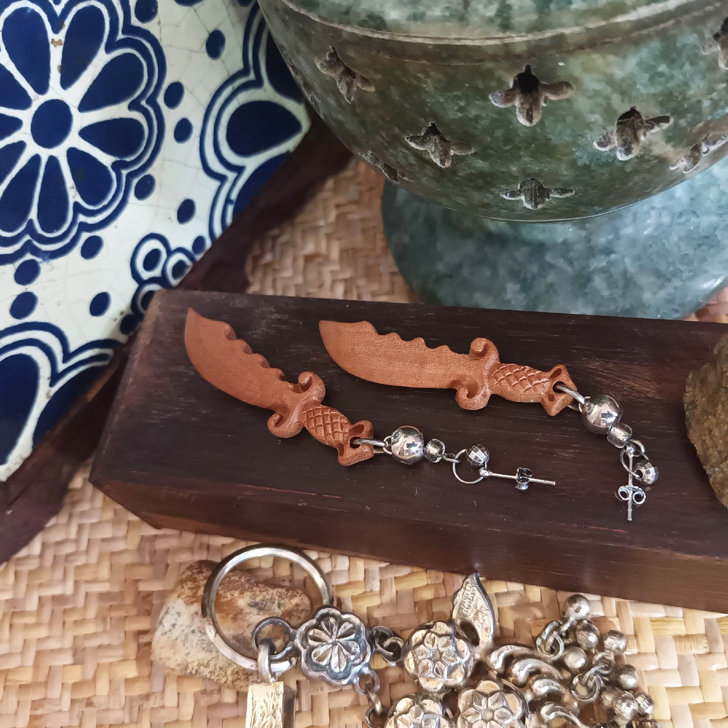 Scented peach wood crafted Wizardry Summoner Sword 925 silver platinum plated ear pins