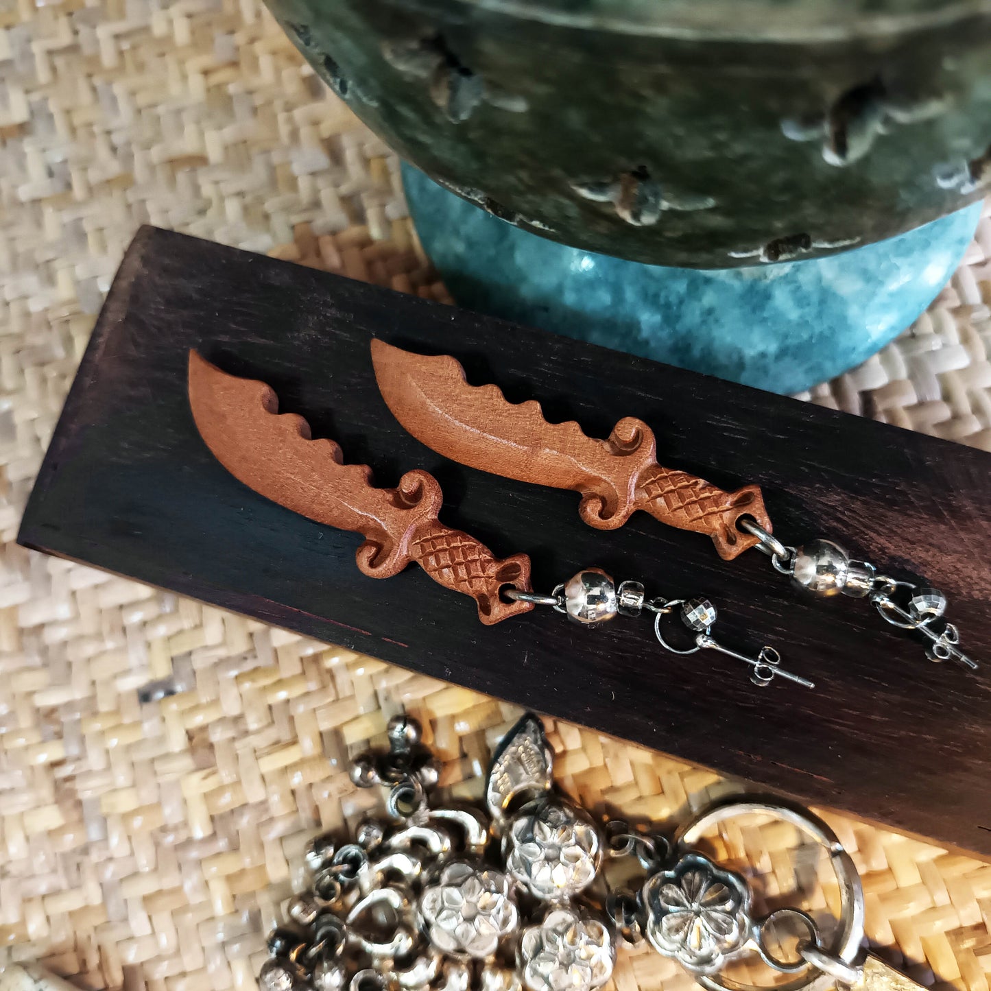 Scented peach wood crafted Wizardry Summoner Sword 925 silver platinum plated ear pins