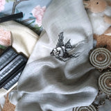 Hand embroidery angelfish pattern 300 super fine pure cashmere grey scarf