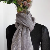 two-tone weave pure linen scarf with a big hand stitch tree pattern wraps around the neck