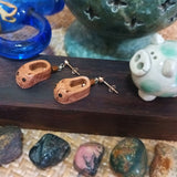 Pair of 925 silver ear studs drop earrings features a peach wood crafted mini size chinese kids shoes with symbolic lion head crafted at the shoe toe