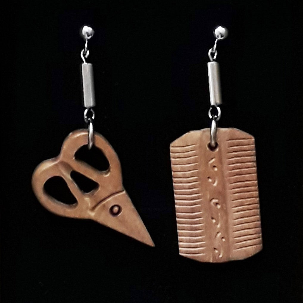 Scented peach wood crafted hair dressers' tools 925 silver rose gold plated earrings