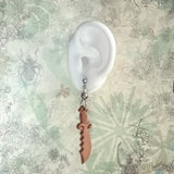 Mini scale peach wood chinese evil-repel sword 925 silver ear stud drop earrings display on a ear model
