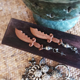 Pair of aroma diffuser in the form of drop earrings in motif of detailly crafted peach wood chinese sword, decorated by shinny silver bead.
