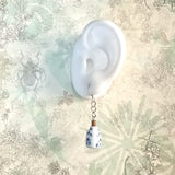 925 silver dangle earring features Chinese blue and white ceramic jar hand painted bamboo pattern display on a white ear model