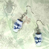 A pair of sterling silver ear wire dangle earring with min blue white Chinese pottery pot hand painted chrysanthemum pattern 