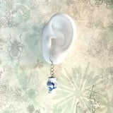 Sterling silver dangle earring in Chinese traditional blue white porcelain vase hand painted a chrysanthemum art , display on ear model
