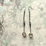 Pair of lovable 925 silver ear wire dangle earrings elongated by tiny metal chain, features lifelike mini scale soup ladle