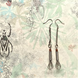 Pair of endearing 925 silver ear wire dangle earrings with metal chain elongation and detailed miniature egg whisk 

