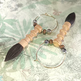 Pair of copper hoop earrings decorated by box wood crafted traditional chinese writing brush, wood and shinny silver beads, diffuse aroma
