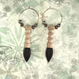 Pair of adorable box wood crafted old chinese calligraphy brush copper hoop earrings accessorized by wood and silvery beads.