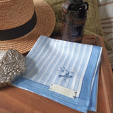 Classic blue and white stripe cotton handkerchief hand embroidered a small delicate line art boating motif in Chinese style