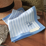 Timeless soft stripy cotton handkerchief has a small Chinese style line art motif hand embroidery at the corner