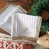 Beige and white cotton stripe handkerchief hand embroidered a small delicate simple line art tree in nature motif in Chinese style