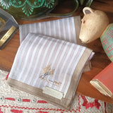 Exquisite cotton handkerchief in beige stripe pattern and border features a simple Chinese style line art motif hand embroidery
