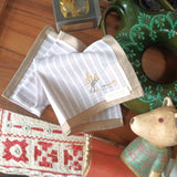Elegant zen style cotton hanky in beige stripe and border hand embroidered a small delicate tree motif in Chinese style
