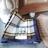 Classic grey tartan plaid cotton handkerchief highlighted by yellow stripe, and hand embroidery of chinese tea setting for friends gather together.

