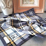 Eco-friendly grey tartan check cotton hanky highlighted with yellow stripe and grey border, has a tiny hand stitch pattern of a Chinese tea set 

