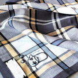 Grey and yellow tartan plaid cotton hanky hand stitched a delicate motif of chinese tea setting for the enjoyable sharing moment of together.