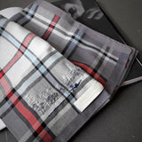 Graceful cotton handkerchief in mid-grey tartan check with grey border hand and red highlight, embroidered an detailed chinese style riverside motif