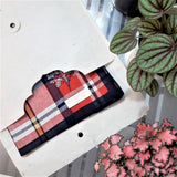 Red and black tartan check cotton handkerchief hand embroidered a delicate oriental blossom tree, packed in a raw white handmade paper envelope

