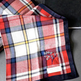 Well-made red white and black tartan check cotton handkerchief with black border, hand embroidered a delicate blossom tree motif 