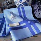Well-made blue tone cotton handkerchief is hand embroidered a mini motif of Chinese tea pot, bowl and oriental flower arrangement 
