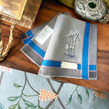 Graceful silver grey cotton handkerchief hand embroidered a simple line drawing of the night scenery under crescent moon