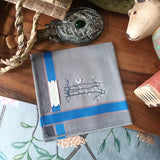 Well made metal grey pure cotton handkerchief hand stitched a chinese style free hand drawing of tall trees under the moon
