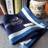 A classy dark navy pure cotton handkerchief decorated by white linear lines along the border and hand-embroidered a line drawing scenery of fishmen fixing fishing net under the crescent moon 