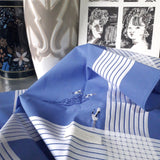 Exquisite sky blue cotton hanky featured by nine white stripes border, three hand stitched oriental white storks, and Chinese cloud line art.  

