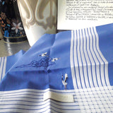 Noble sky blue cotton handkerchief decorated by multi white stripes border detailly hand stitched three Chinese white storks and cloud
