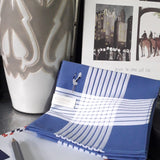 Elegant blue and white cotton handkerchief highlighted by multi stripes border and delicate hand embroidery of three Chinese white storks and cloud.

