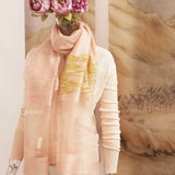 Soft salmon color silk wool scarf is embroidered a big yellow line art pattern of an old chinese village with power tower and wind turbine generators.